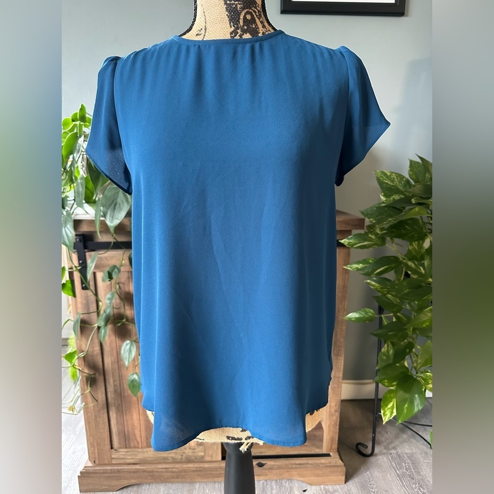 LOFT Dark Teal Button Back Blouse with Tulip Sleeves.